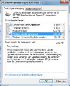 Datenträgerbereinigung von Micrsoft. So sieht die Auswahl aus